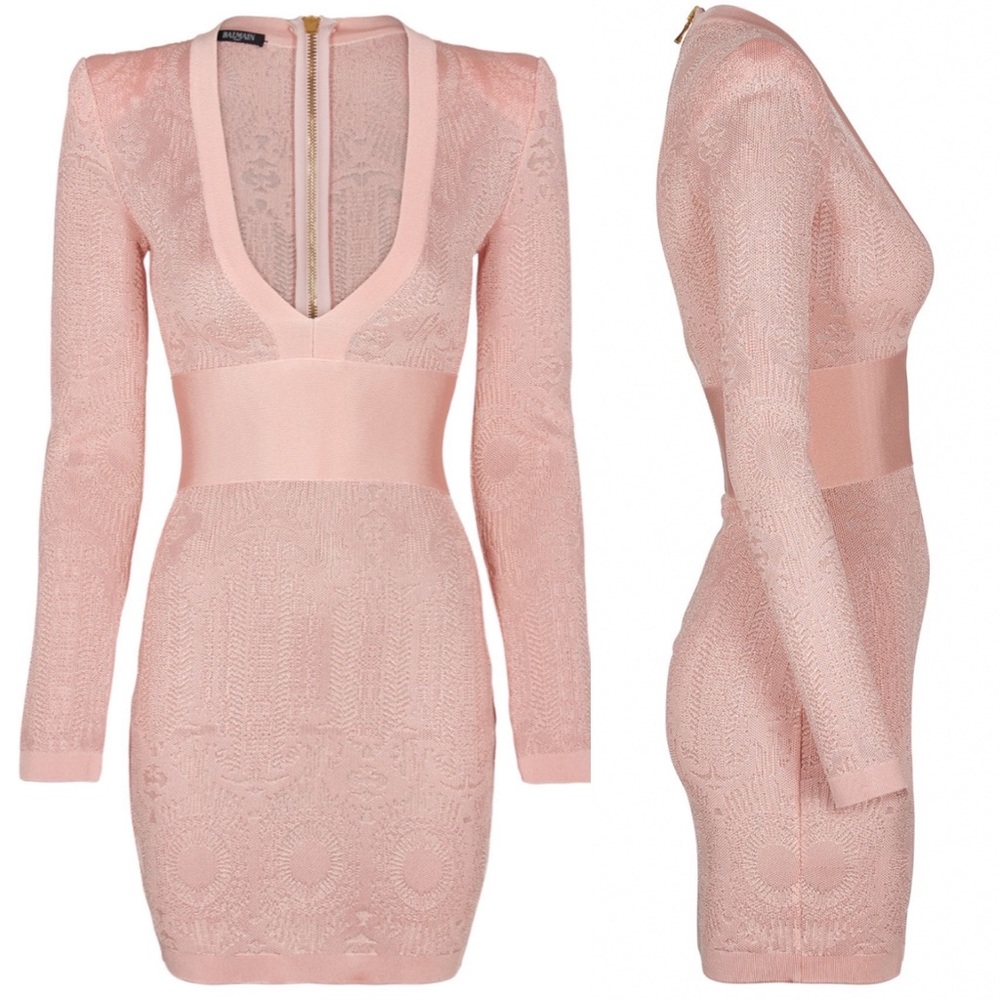 Balmain Pink V-Neck Lace Knit Mini Dress